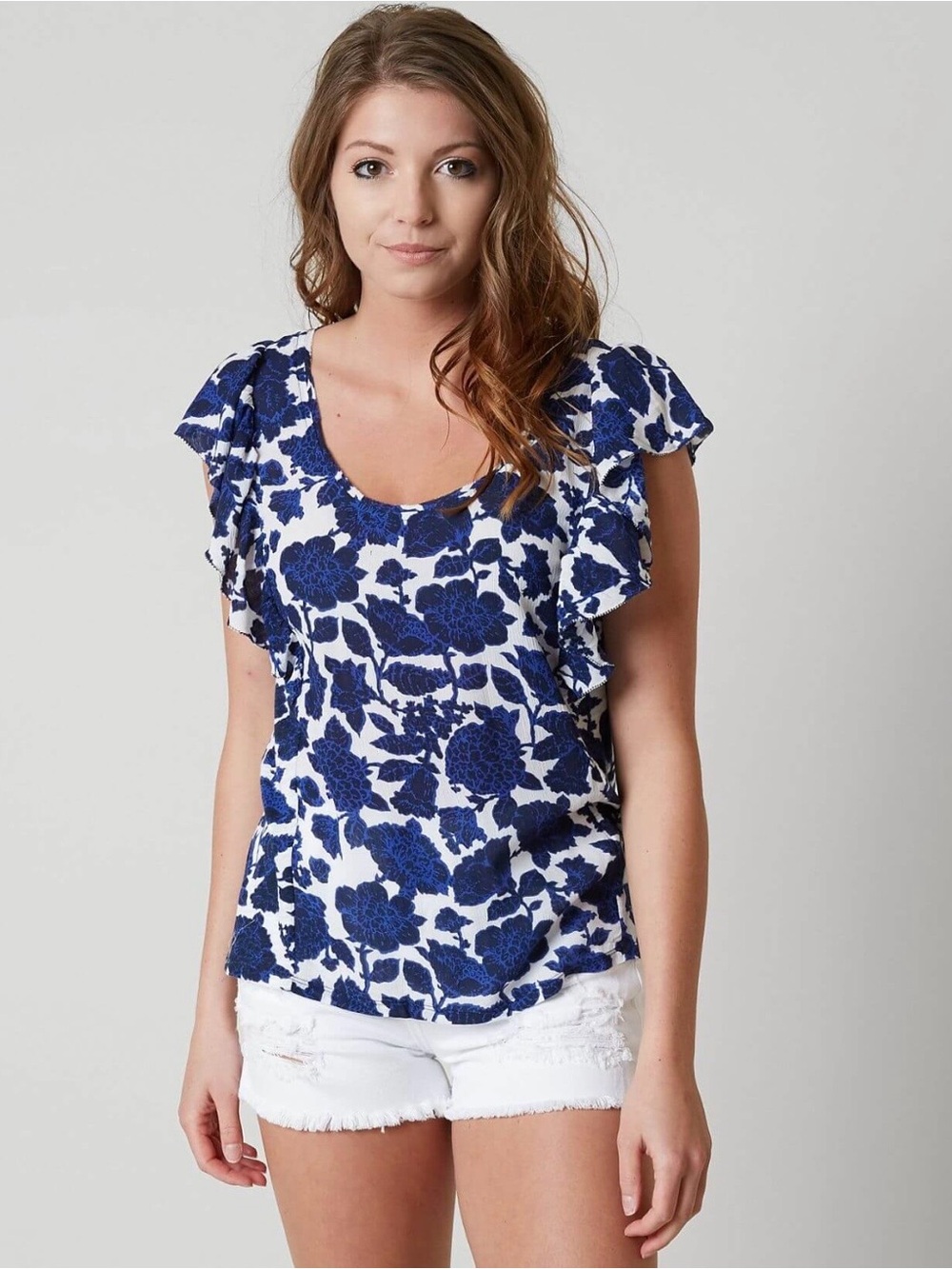 Lucky Brand Navy & White Floral Ruffle Sleeve Top Size Medium